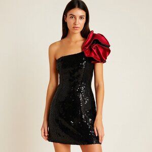 Vintage 90s  Black Sequin Red Ruffle Dress S